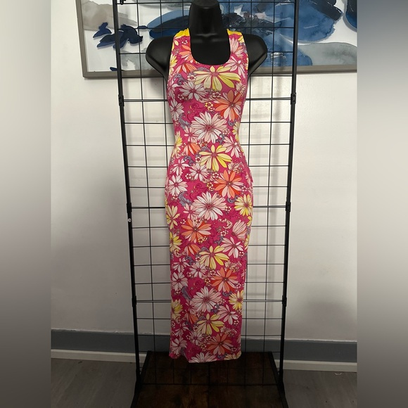 Pink Floral Cut Out Yellow Self Tie Back Closure Midi Dress - Picture 8 of 15
